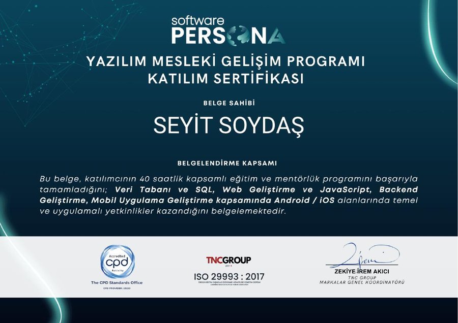 Yazılım Mesleki Gelişim Programı sertifikası